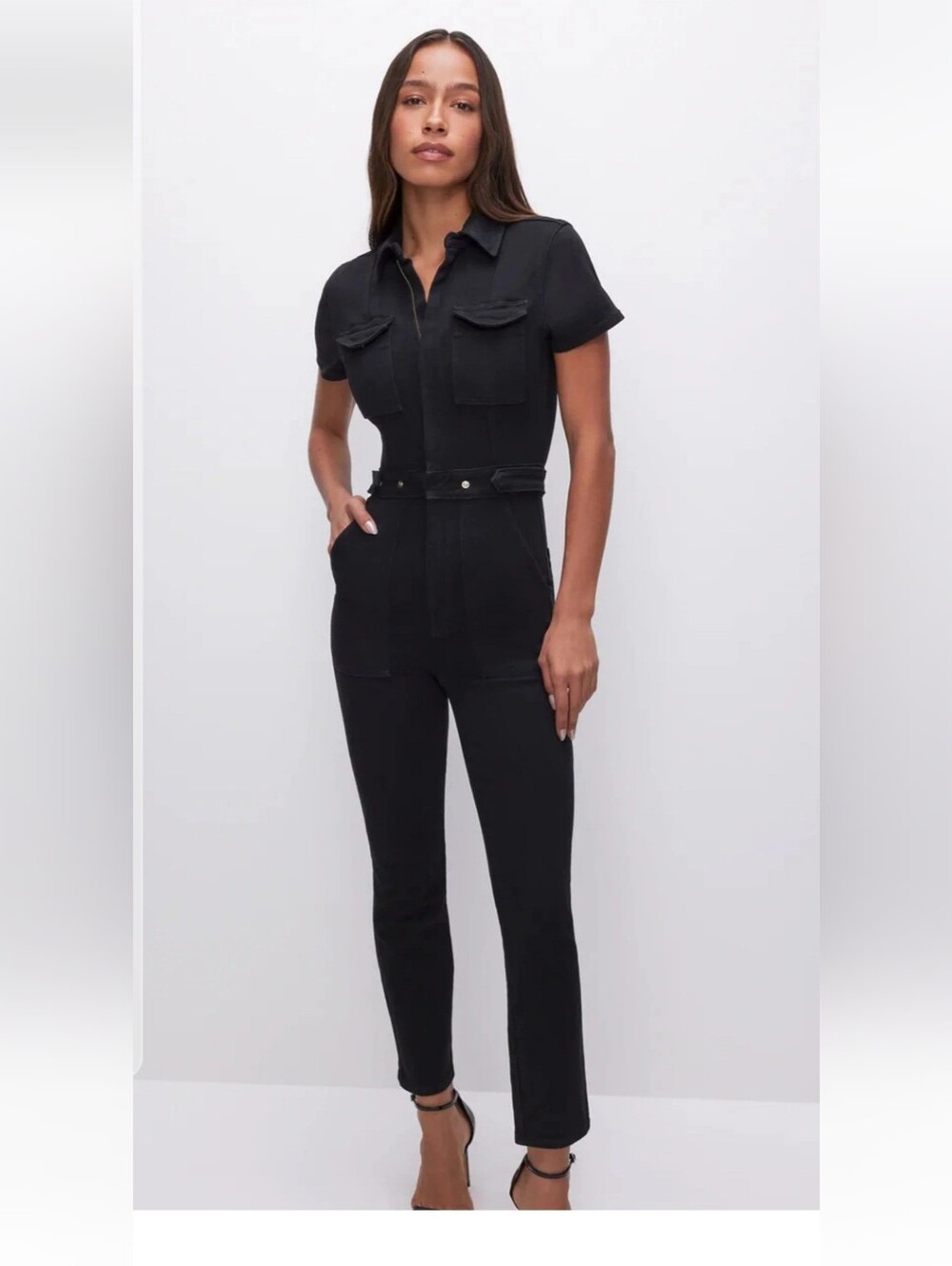 Good American NWT Fit For Success Jumpsuit Denim Utility Boiler Suit Black M
